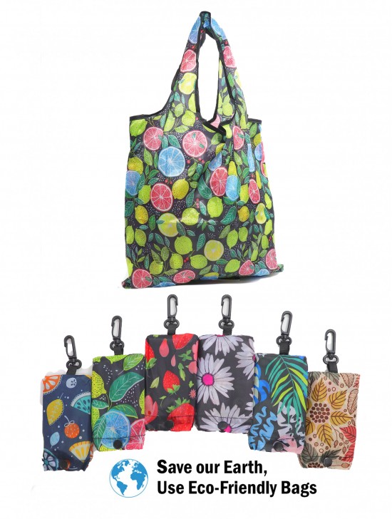 Fruit & Flowers Print Hook-on Reusable Foldable Shopping Bags (12pcs) 